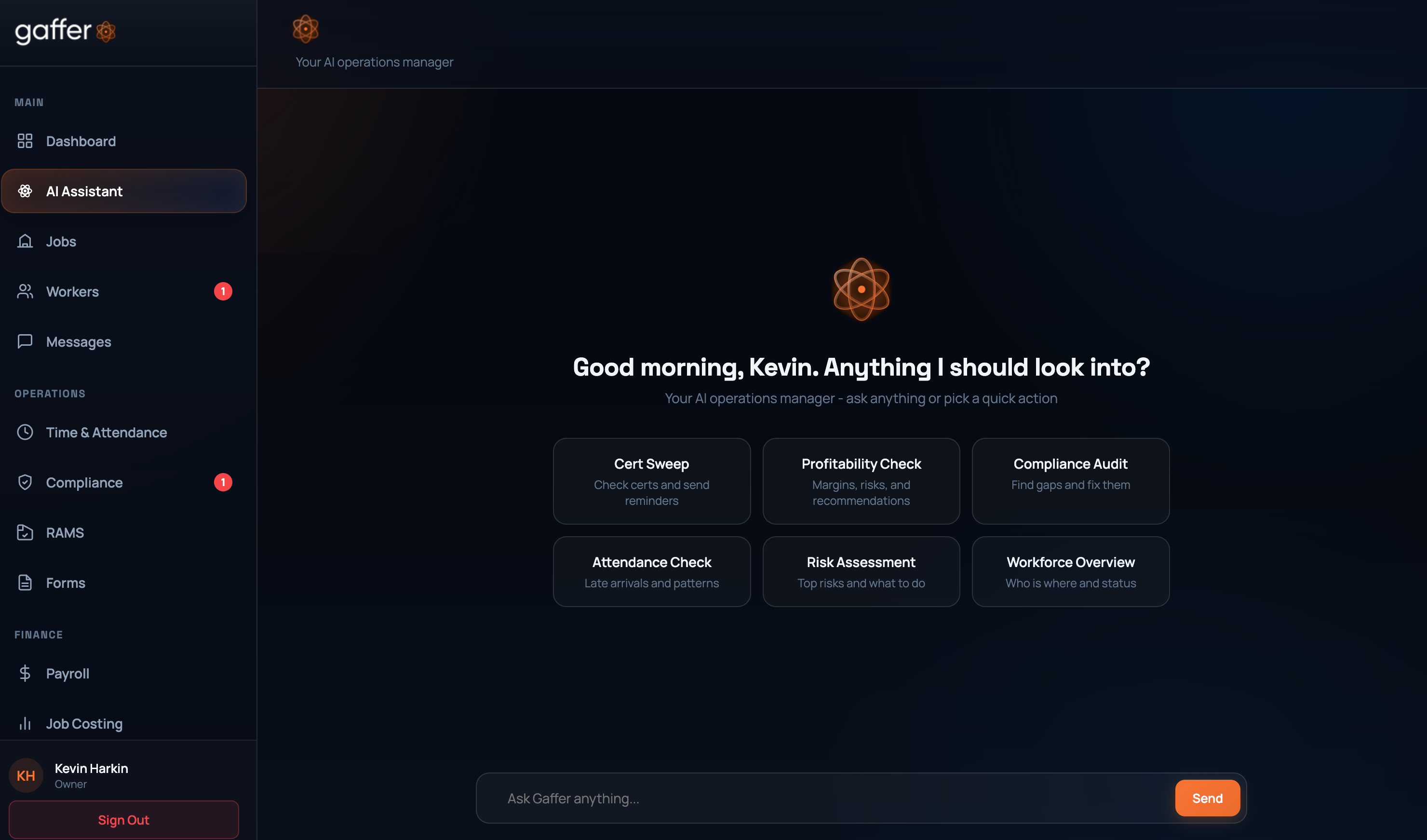 Gaffer AI assistant with quick action cards
