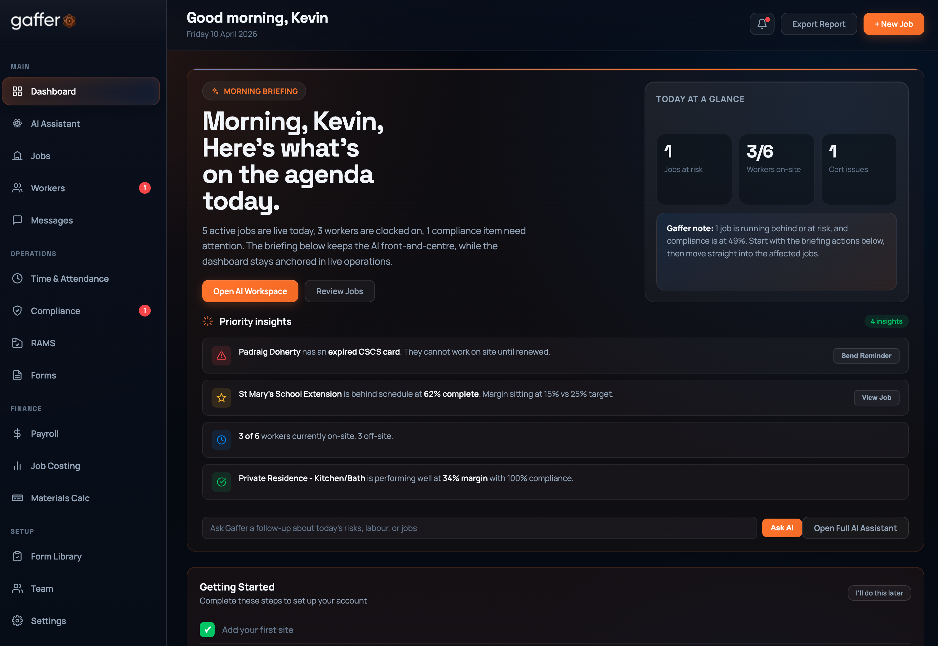 Gaffer dashboard showing morning briefing and priority insights