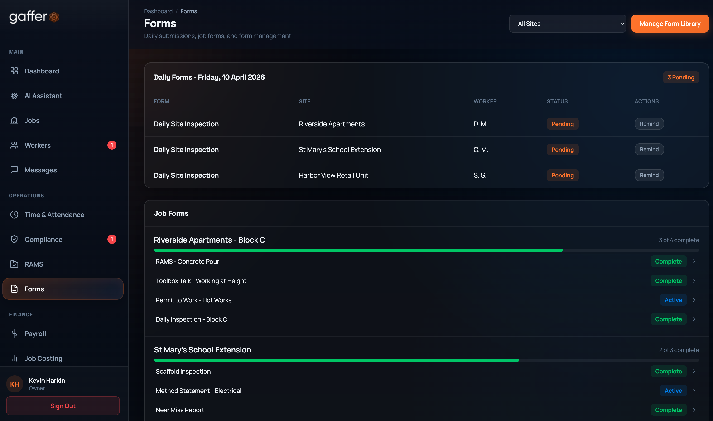 Gaffer forms view showing daily submissions and job form tracking